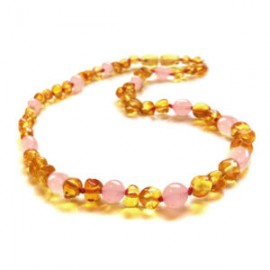 Collar Unisex ámbar báltico miel con cuarzo rosa
