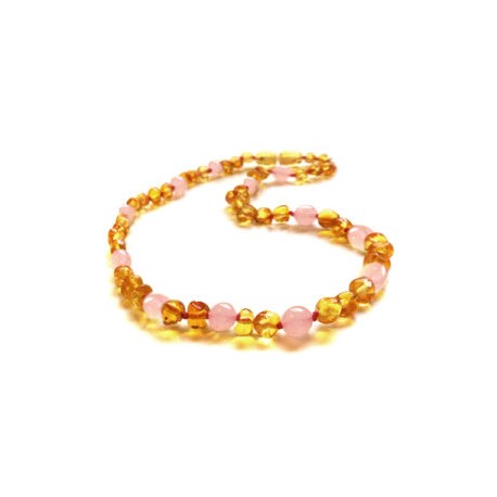 Collar Unisex ámbar báltico miel con cuarzo rosa