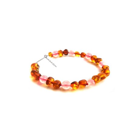 Pulsera de tobillo para Adulto Juvenil/Adulto de ámbar báltico café con Cuarzo Rosa