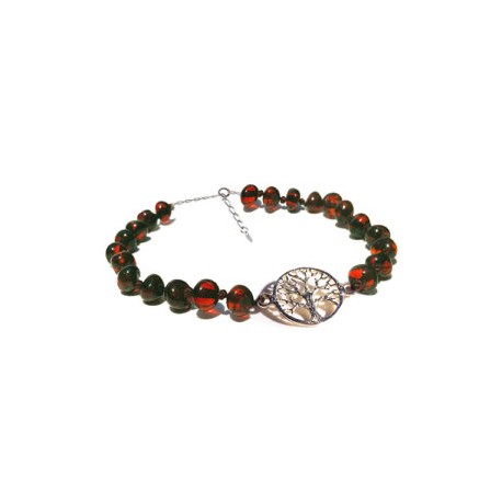 Pulsera de tobillo para Adulto Juvenil/Adulto de ámbar báltico rojiza con Árbol de la vida en plata