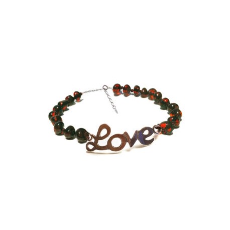 Pulsera de tobillo para Adulto Juvenil/Adulto de ámbar báltico rojiza con eslabón LOVE en plata