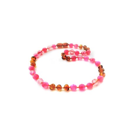 Collar bebé/dentición ámbar báltico Café con Ágata Rosa 32 cm