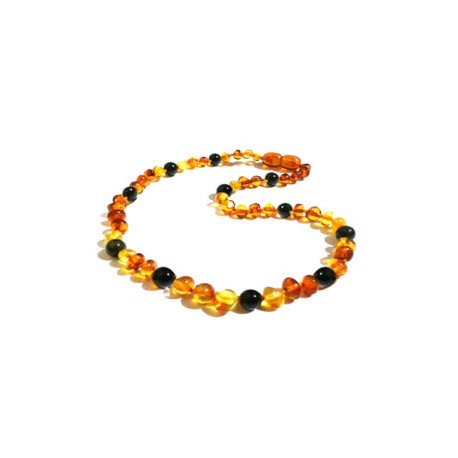 Collar bebé/dentición ámbar báltico café con obsidiana 32 cm