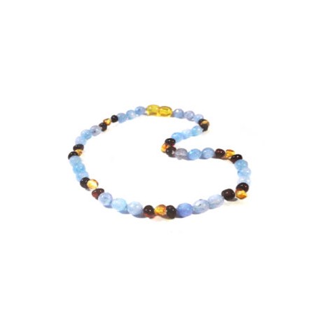 Gargantilla Unisex ámbar báltico Flor de la vida/ágata azul 37 cm