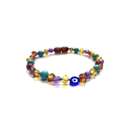 Pulsera bebé mano/tobillo de ámbar báltico Armonía con Ojo Turco de 13.5 cm