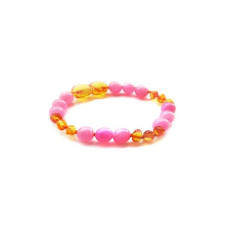 Pulsera bebé mano/tobillo de ámbar báltico Brillo de Protección Rosa de 13.5 cm