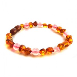 Pulsera bebé mano/tobillo de ámbar báltico café con Cuarzo Rosa de 13.5 cm