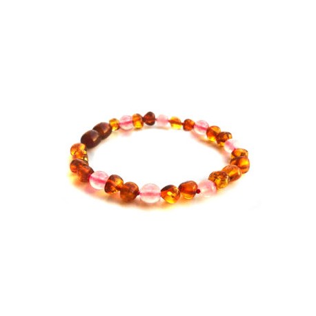 Pulsera bebé mano/tobillo de ámbar báltico café con Cuarzo Rosa de 13.5 cm