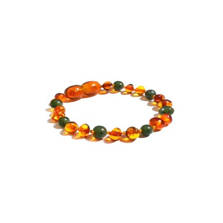 Pulsera bebé mano/tobillo de ámbar báltico café con Jade de 13.5 cm