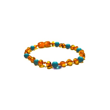 Pulsera bebé mano/tobillo de ámbar báltico Miel con Turquesa de 13.5 cm