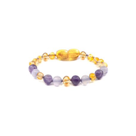 Pulsera bebé mano/tobillo de ámbar báltico Miel, Cuarzo Rosa y Amatista de 13.5 cm