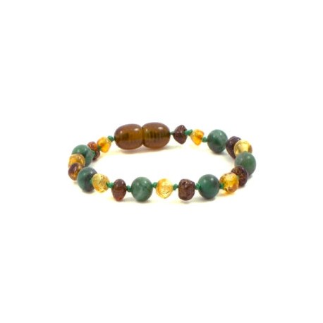 Pulsera bebé mano/tobillo de ámbar báltico Miel, Verde y Jade de 13.5 cm